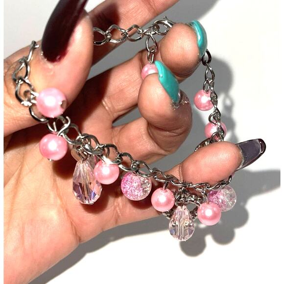 Vintage Silver Tone Pink Glass Crystal Bead Charm Bracelet Awareness B#18 - Picture 2 of 7